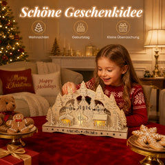 Salcar LED Schwibbogen aus Holz, 3D Weihnachtsdeko mit Fachwerkhäusern, Turm & Tannen, 10 warmweiße LEDs, batteriebetriebener Lichterbogen für Fensterbank & Sideboard