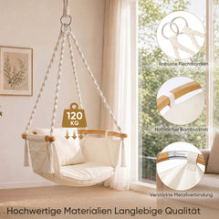 Sekey Hängesessel mit Kissen – Hängestuhl & Hängeschaukel bis 120 kg, mit Seitentasche, Bambus-Spreizstab und Baumwollseilen für Garten, Balkon, Terrasse & Wohnzimmer