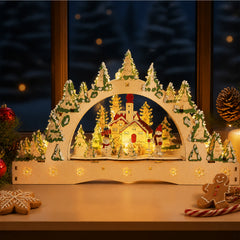 Salcar LED Schwibbogen aus Holz, 3D Weihnachtsdeko mit verschneiter Altstadt und Fachwerkhäusern, 13 warmweiße LEDs, batteriebetriebener Lichterbogen für Tisch, Fensterbank & Sideboard