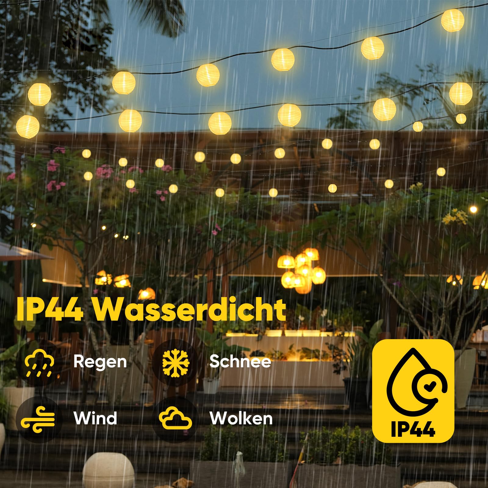 Salcar LED Lichterkette Außen mit Lampions – Warmweiß, Wetterfest, Timer & 8 Modi, Strombetrieben für Garten, Terrasse, Balkon & Hof Salcar