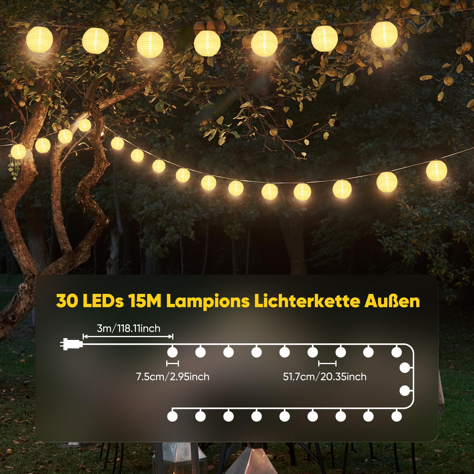 Salcar LED Lichterkette Außen mit Lampions – Warmweiß, Wetterfest, Timer & 8 Modi, Strombetrieben für Garten, Terrasse, Balkon & Hof Salcar