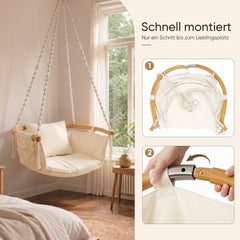 Sekey Hängesessel mit Kissen – Hängestuhl & Hängeschaukel bis 120 kg, mit Seitentasche, Bambus-Spreizstab und Baumwollseilen für Garten, Balkon, Terrasse & Wohnzimmer