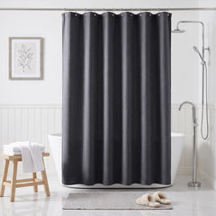 Sekey Schwarz Duschvorhang 180 × 200 cm, Textil Badewannenvorhang mit Waffelstruktur, Wasserabweisend & Waschbar, 100 % Polyester, mit Beschwerungsband & 12 Edelstahlringen