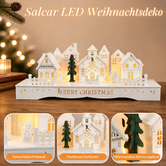 Salcar LED Schwibbogen aus Holz, 3D Weihnachtsdorf mit Kapelle, Häusern & Tannen, 10 warmweiße LEDs, Timer 6/18 Std., batteriebetriebene Weihnachtsdeko