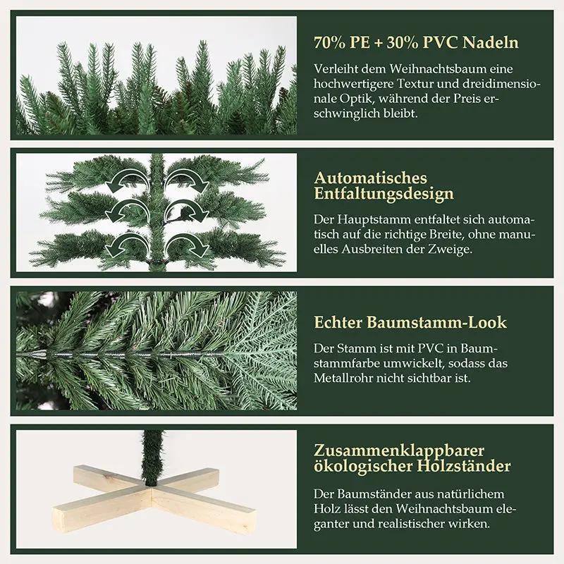 Salcar 120 /150 /180 /210cm Künstlicher Weihnachtsbaum mit Holzständer, Nordmanntanne, mit 725 /980 /1290 /1525 PE-Zweigen und 203 /544 /722 /993 PVC-Zweigen Salcar