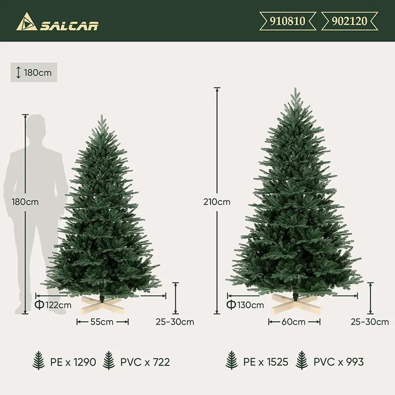 Salcar 120 /150 /180 /210cm Künstlicher Weihnachtsbaum mit Holzständer, Nordmanntanne, mit 725 /980 /1290 /1525 PE-Zweigen und 203 /544 /722 /993 PVC-Zweigen Salcar
