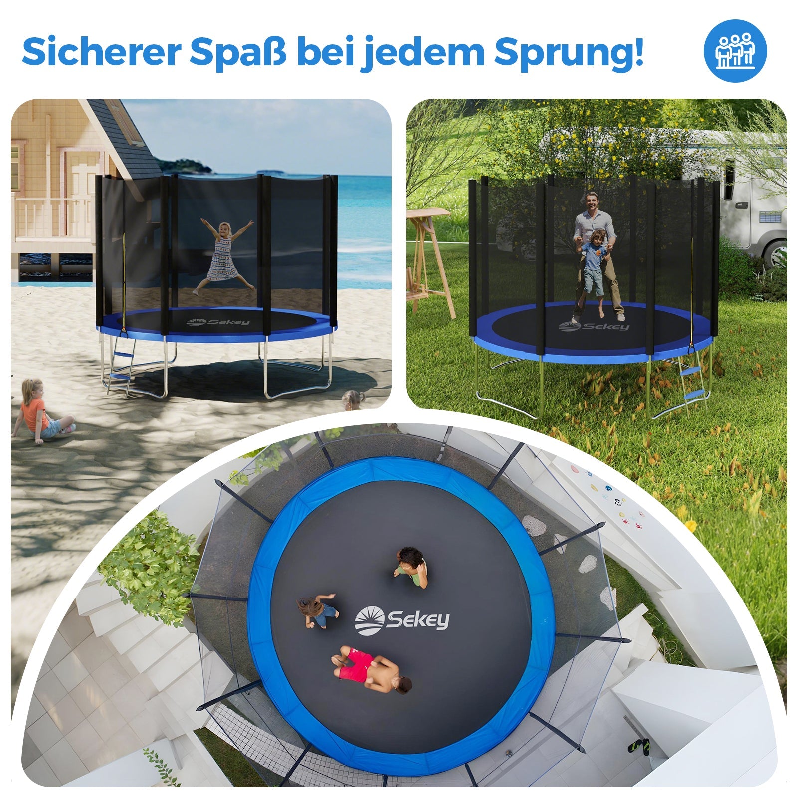 Sekey Trampolin Ø 305 cm für den Garten – TÜV/GS-zertifiziertes Outdoor Trampolin mit Sicherheitsnetz, W-Beinen & Leiter – bis 150 kg belastbar, wetterfest & kindersicher Sekey