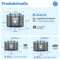 Sekey Trampolin Ø 244 cm für Garten – TÜV/GS-zertifiziertes Outdoor Trampolin mit Sicherheitsnetz, W-Beinen & Leiter – Wetterfest & stabil für Kinder ab 3 Jahren Sekey