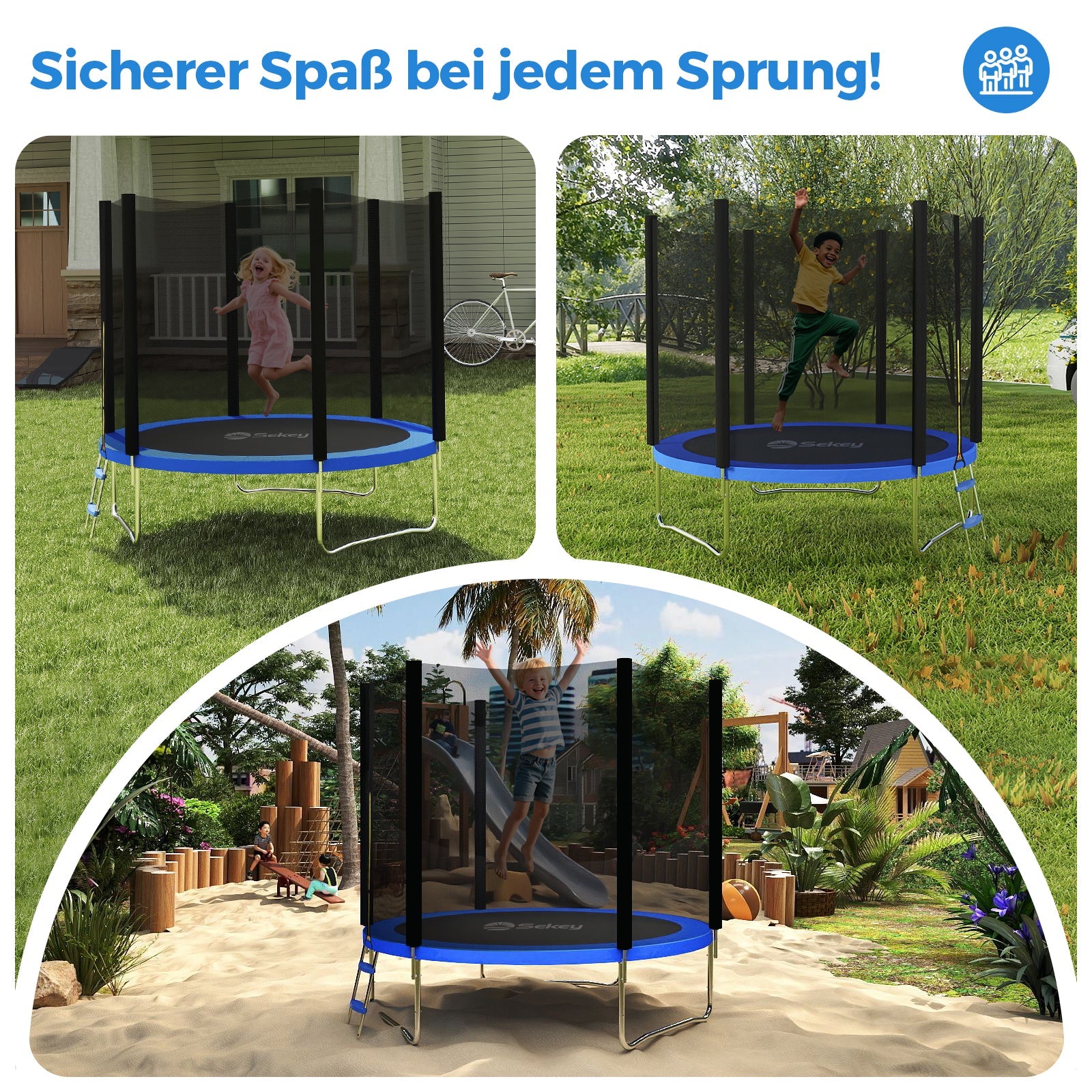 Sekey Trampolin Ø 244 cm für Garten – TÜV/GS-zertifiziertes Outdoor Trampolin mit Sicherheitsnetz, W-Beinen & Leiter – Wetterfest & stabil für Kinder ab 3 Jahren Sekey