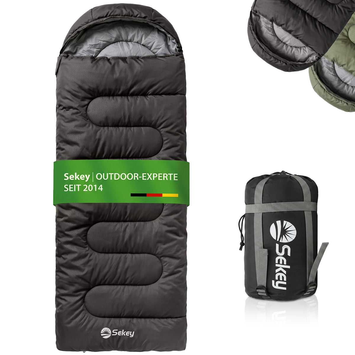 Sekey 3-Jahreszeiten Schlafsack 220×80 cm – 2-in-1 Deckenschlafsack (10–20 °C), 1,45 kg Leicht, mit Fußbelüftung & Anti-Klemm-Reißverschluss, für Camping & Outdoor – Anthrazit / Grün