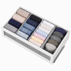Sekey Schubladen Organizer 2er Set – Faltbare Aufbewahrungsboxen aus Vliesstoff für Kleidung, Unterwäsche & Accessoires, 22 x 51 x 11 cm, Hellgrau Leinenoptik