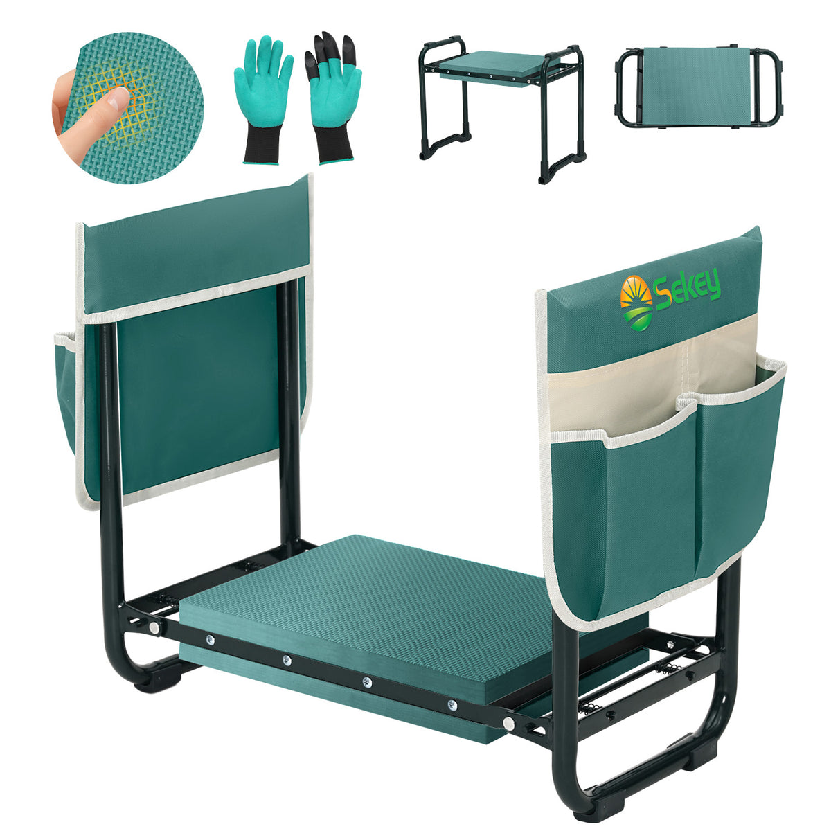 Sekey Höhenverstellbare Kniebank für Gartenarbeit Belastbarkeit 180KG, Gartenhocker Klappbar mit Werkzeugtaschen, Knie Komfort Garten, Grün