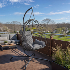 Sekey Hängesessel mit Gestell – Klappbarer Hängekorb aus PE-Rattan, Hängestuhl mit Sitz- & Kopfkissen, bis 150 kg belastbar, für Garten, Balkon, Terrasse & Wohnzimmer