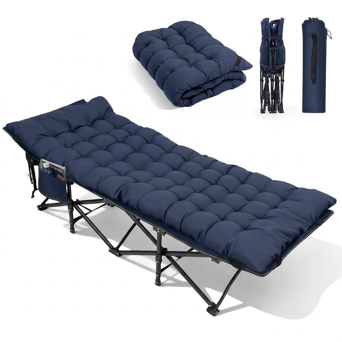 Sekey Feldbett Klappbar 190 × 71 × 35 cm – Campingbett mit 7 cm Matratze, Campingliege & Angelliege bis 200 kg, Faltbares Gästebett aus 1200D Oxford-Gewebe für Camping, Garten & Outdoor, Dunkelblau