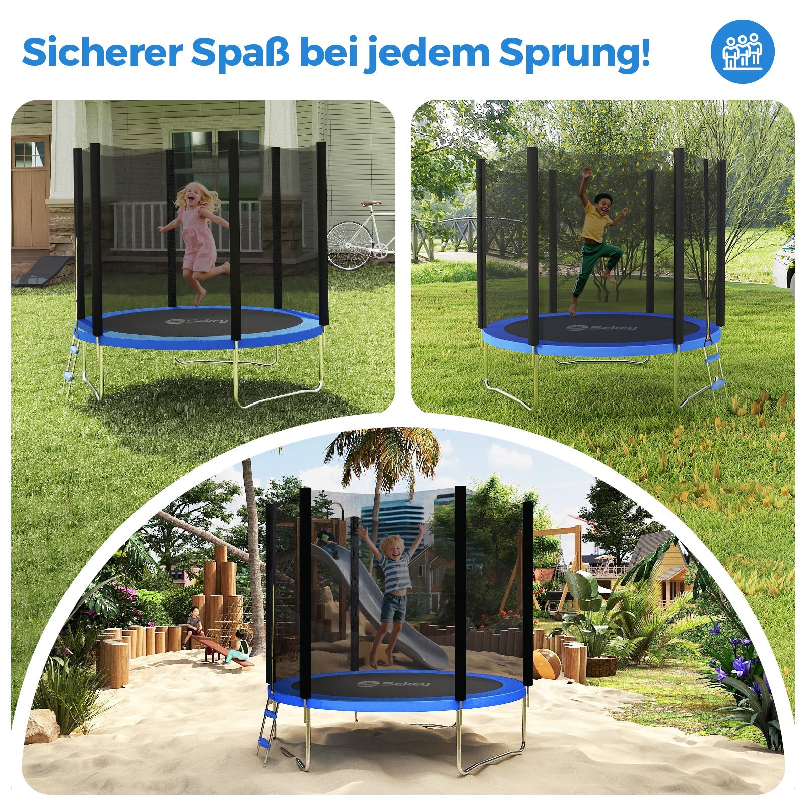 Sekey Trampolin Ø 244 cm für Garten – TÜV/GS-zertifiziertes Outdoor Trampolin mit Sicherheitsnetz, W-Beinen & Leiter – Wetterfest & stabil für Kinder ab 3 Jahren Sekey
