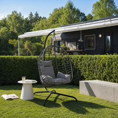 Sekey Hängesessel mit Gestell – Klappbarer Hängekorb aus PE-Rattan, Hängestuhl mit Sitz- & Kopfkissen, bis 150 kg belastbar, für Garten, Balkon, Terrasse & Wohnzimmer