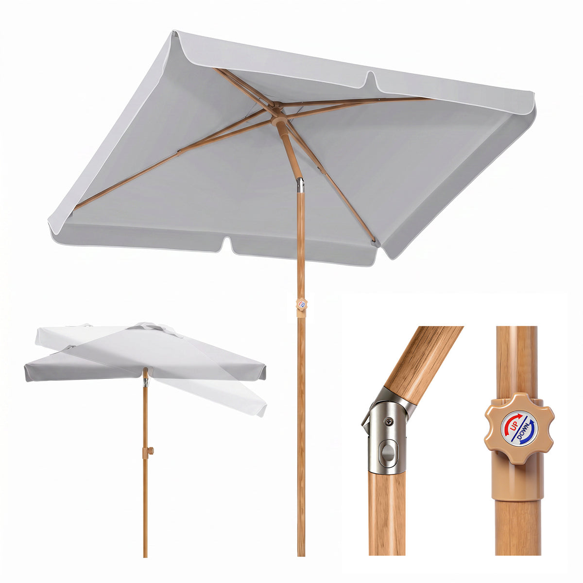 Sekey Sonnenschirm Balkon 200x125 cm rechteckig in Holzoptik – höhenverstellbar, neigbar mit Aluminium-Drehgelenk, UV50+ Polyester, Push-Up-System für Balkon, Terrasse & Garten