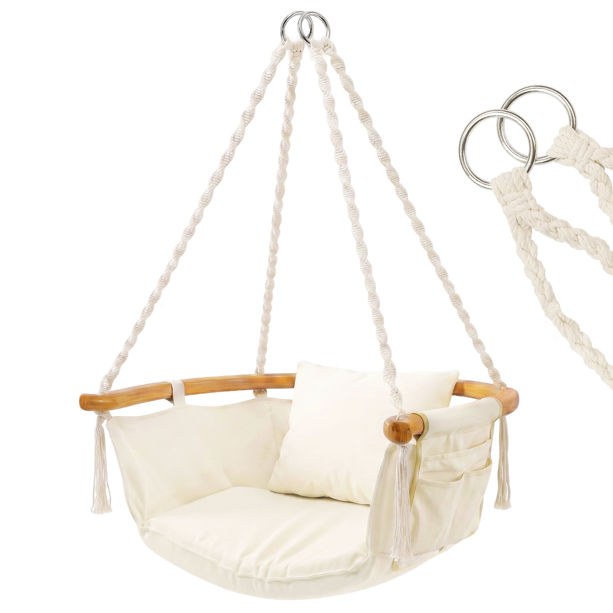 Sekey Hängesessel mit Kissen – Hängestuhl & Hängeschaukel bis 120 kg, mit Seitentasche, Bambus-Spreizstab und Baumwollseilen für Garten, Balkon, Terrasse & Wohnzimmer