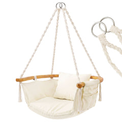 Sekey Hängesessel mit Kissen – Hängestuhl & Hängeschaukel bis 120 kg, mit Seitentasche, Bambus-Spreizstab und Baumwollseilen für Garten, Balkon, Terrasse & Wohnzimmer