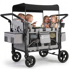 Sekey Bollerwagen für 2–4 Kinder – Faltbarer Kinderwagen mit Dach, 4 Sitze mit 5-Punkt-Gurtsystem, Duo-Schiebegriff, großer Stauraum & All-Terrain Räder (Modell SS7070)