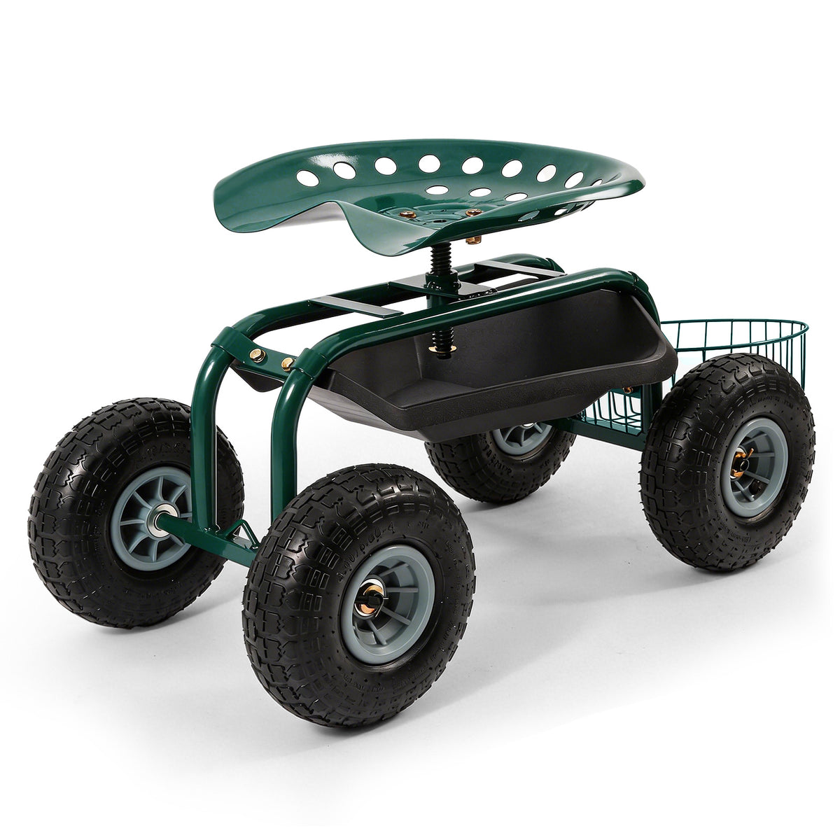 Sekey Gartenrollsitz mit Griff – Fahrbarer Gartensitz bis 180 kg, 360° drehbar, luftbereift Ø 25,5 cm mit Korb