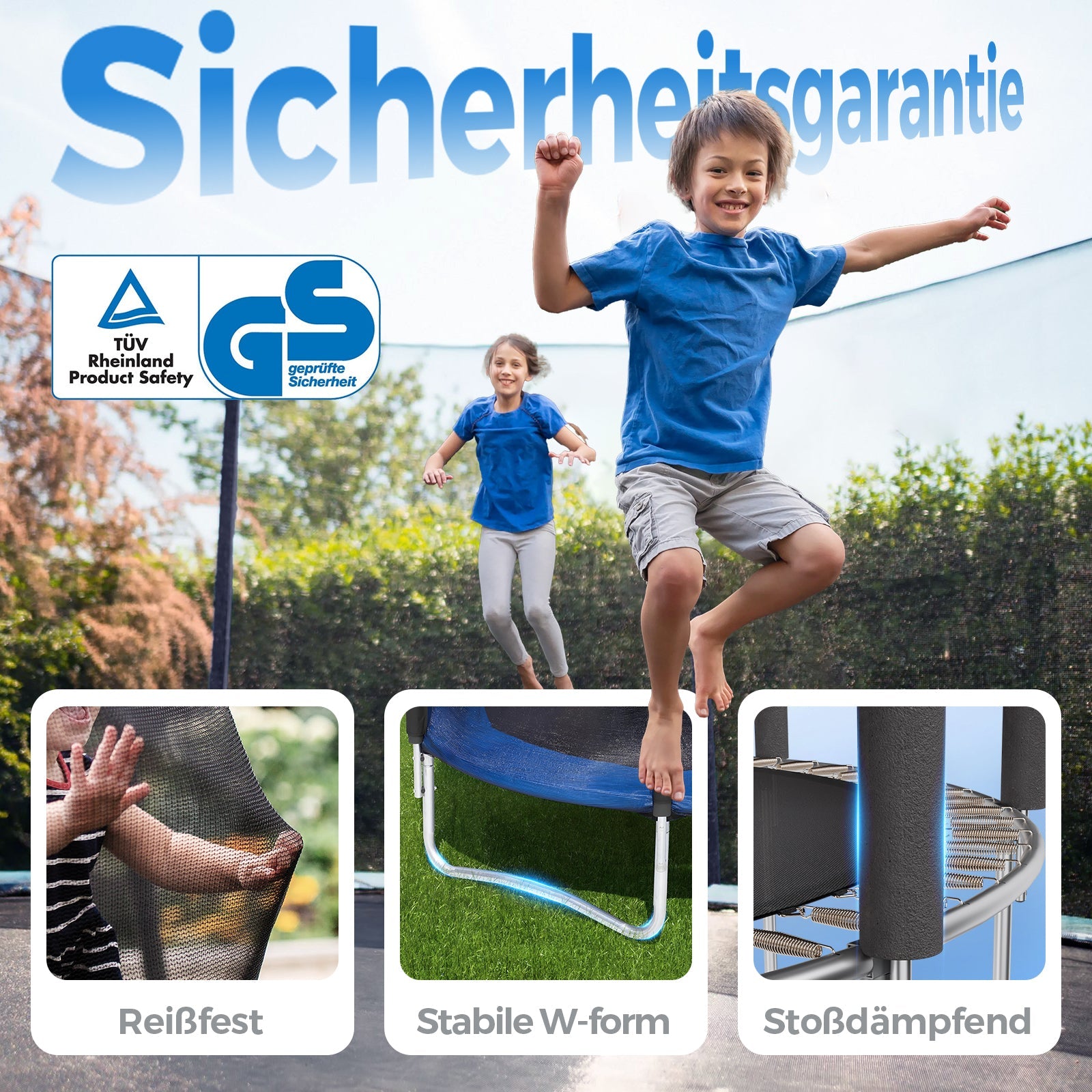 Sekey Trampolin Ø 366 cm für Garten – TÜV/GS-zertifiziertes Outdoor Trampolin mit Sicherheitsnetz, W-Beinen & Leiter – wetterfest & kindersicher, bis 150 kg belastbar Sekey