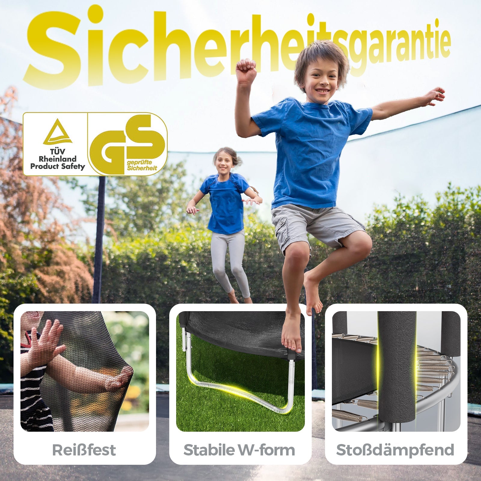 Sekey Trampolin Ø 366 cm für Garten – TÜV/GS-zertifiziertes Outdoor Trampolin mit Sicherheitsnetz, W-Beinen & Leiter – wetterfest & kindersicher, bis 150 kg belastbar Sekey