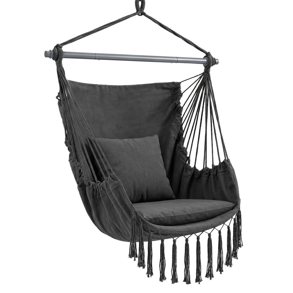 Sekey Hängesessel mit 2 Kissen & Seitentasche – Boho Hängestuhl für Balkon, Garten & Indoor – Anthrazit