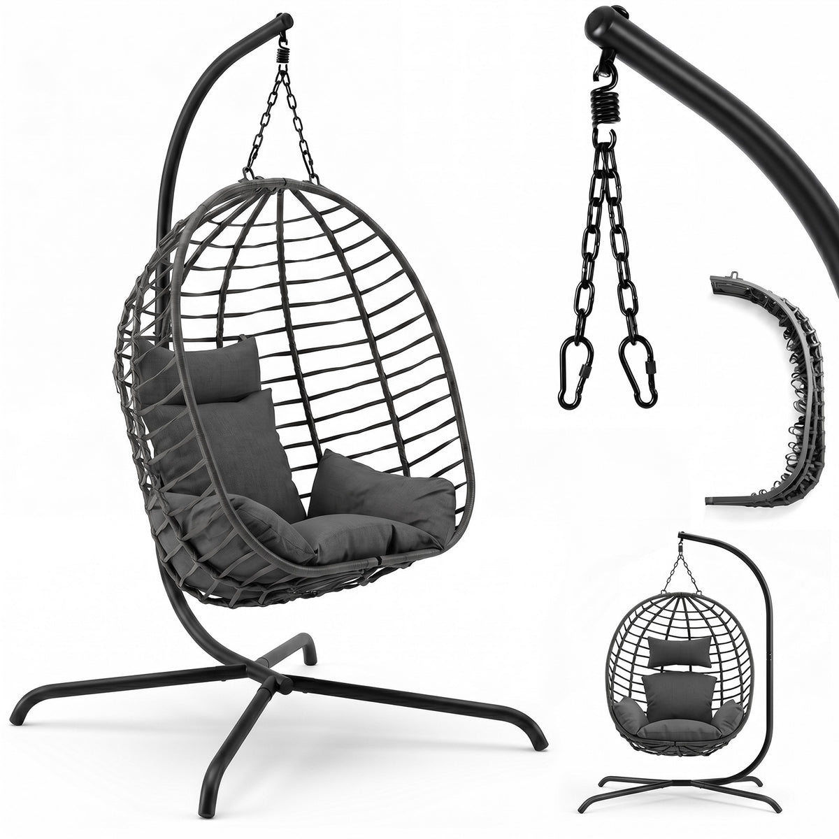 Sekey Hängesessel mit Gestell – Klappbarer Hängekorb aus PE-Rattan, Hängestuhl mit Sitz- & Kopfkissen, bis 150 kg belastbar, für Garten, Balkon, Terrasse & Wohnzimmer