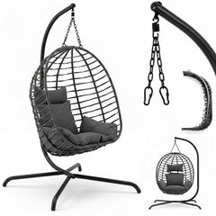 Sekey Hängesessel mit Gestell – Klappbarer Hängekorb aus PE-Rattan, Hängestuhl mit Sitz- & Kopfkissen, bis 150 kg belastbar, für Garten, Balkon, Terrasse & Wohnzimmer
