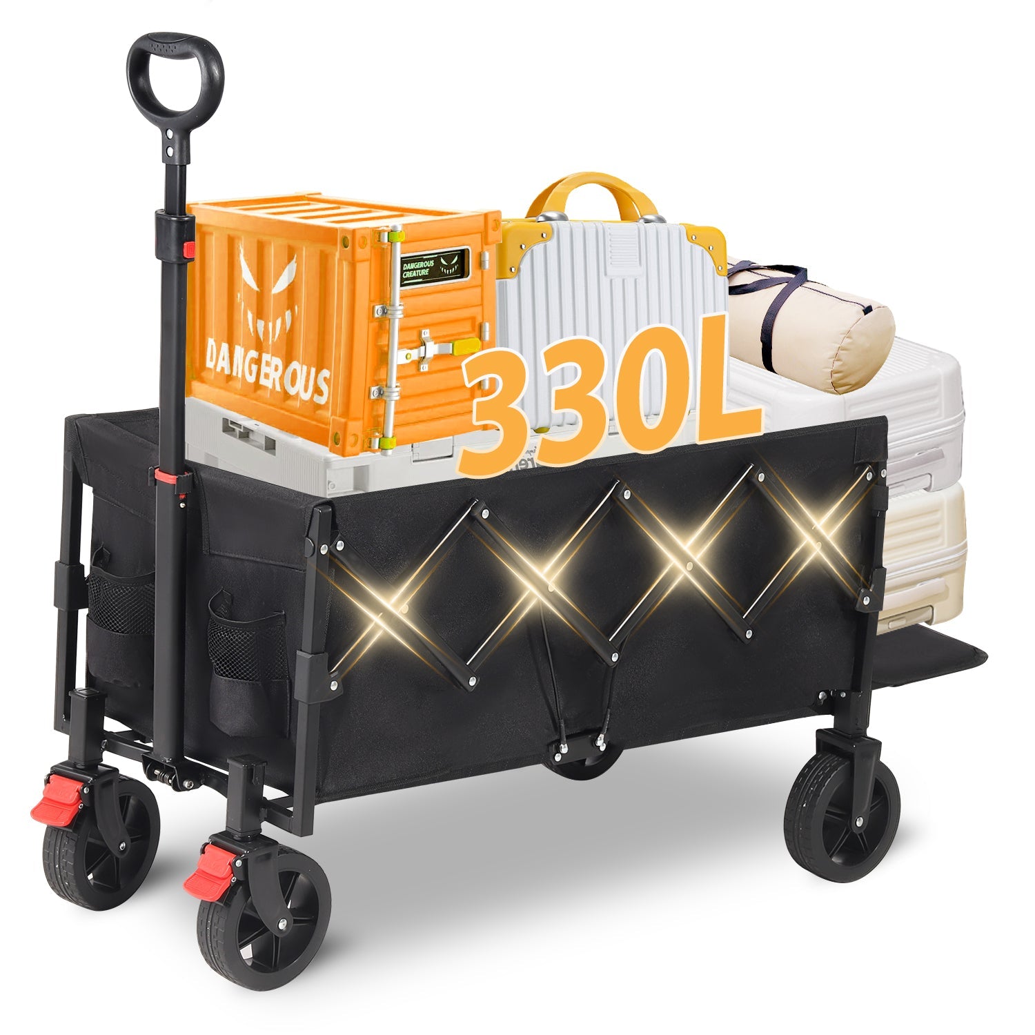 Sunula Faltbarer Bollerwagen 3025 mit Verlängerter Ladefläche, 150 kg Tragkraft, Extra Lang, Mit Bremse, Getränkehaltern & Geländereifen – Für Strand, Camping, Garten, Einkauf Sunula