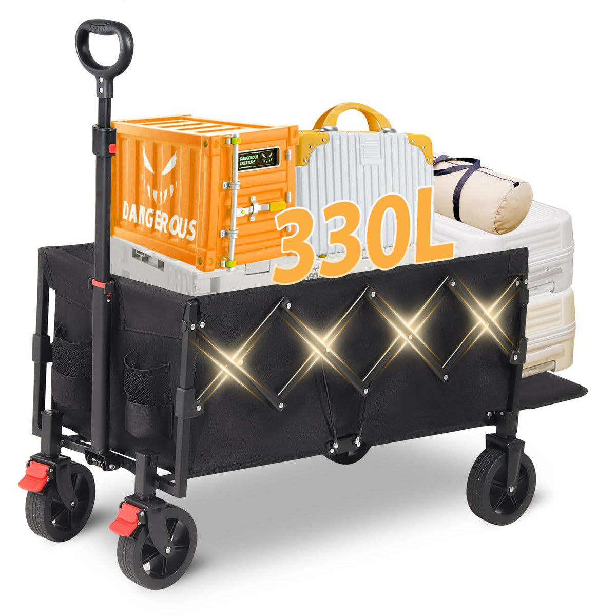 Sunula Faltbarer Bollerwagen 3025 mit Verlängerter Ladefläche, 150 kg Tragkraft, Extra Lang, Mit Bremse, Getränkehaltern & Geländereifen – Für Strand, Camping, Garten, Einkauf Sunula
