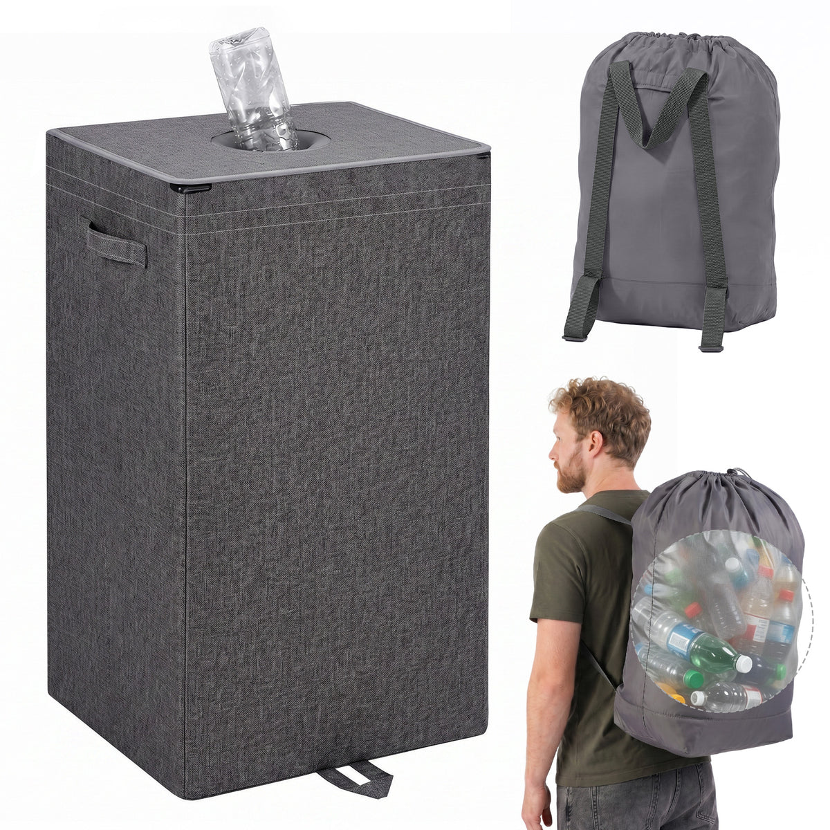 Sekey Pfandflaschen Sammelbehälter 100L mit Rucksack-Innenbeutel, Flaschenkorb für Leergut & Dosen, Faltbarer Pfandflaschenkorb mit Einwurföffnung, Flaschensammler für Küche, Keller & Recycling