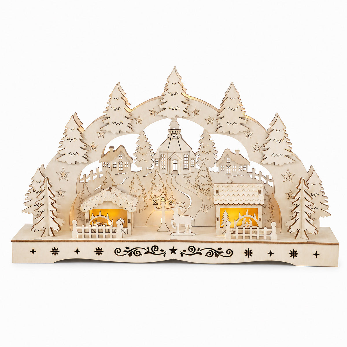 Salcar LED Schwibbogen aus Holz, 3D Weihnachtsdeko mit Fachwerkhäusern, Turm & Tannen, 10 warmweiße LEDs, batteriebetriebener Lichterbogen für Fensterbank & Sideboard