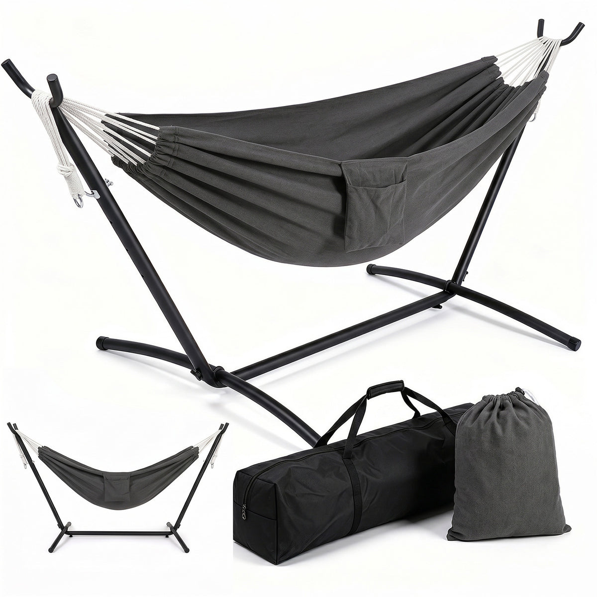 Sekey Hängematte mit Gestell – Höhenverstellbare Doppelhängematte bis 200 kg, freistehend mit Stahlrahmen & 2 Tragetaschen für Garten, Balkon, Terrasse, Camping & Indoor
