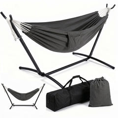 Sekey Hängematte mit Gestell – Höhenverstellbare Doppelhängematte bis 200 kg, freistehend mit Stahlrahmen & 2 Tragetaschen für Garten, Balkon, Terrasse, Camping & Indoor