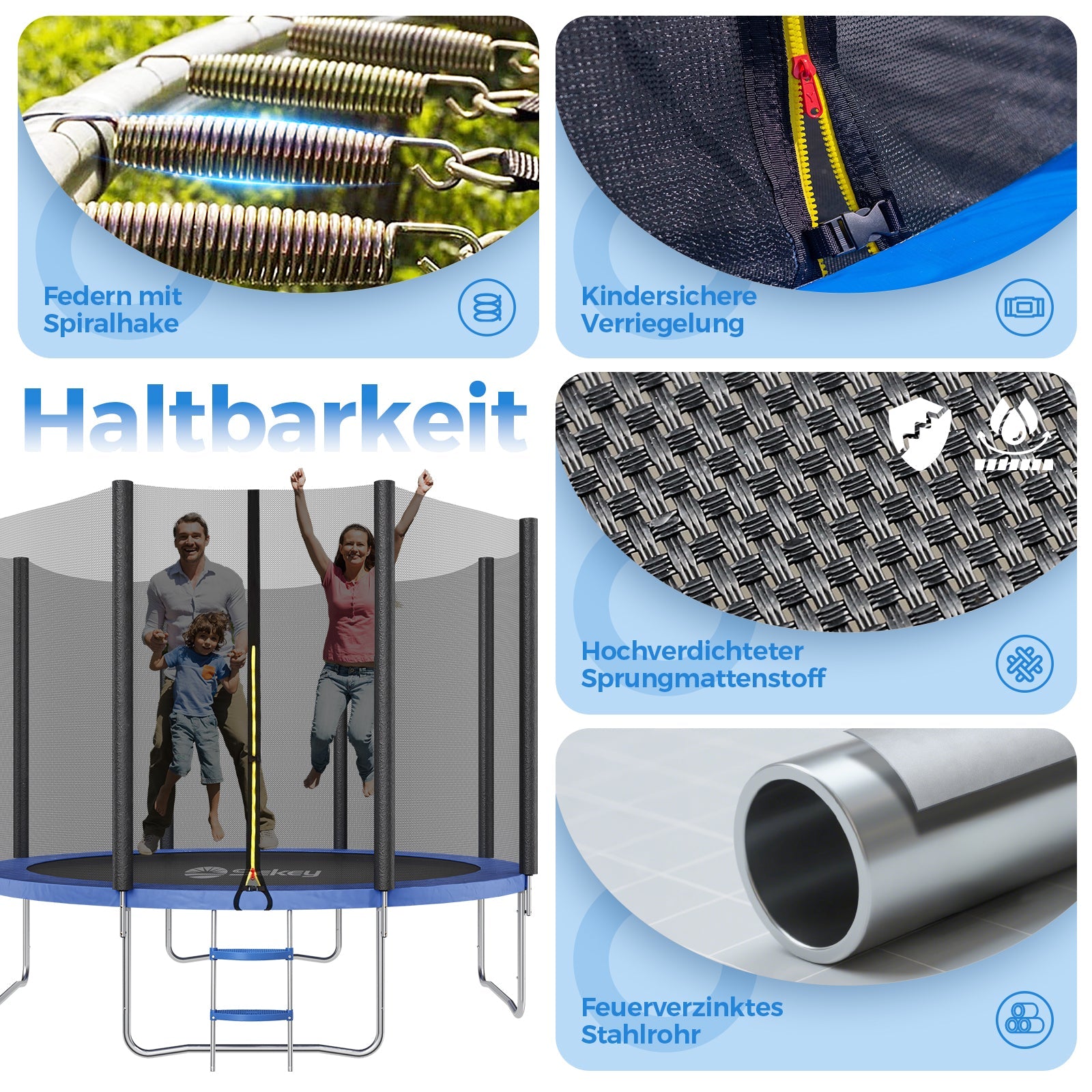 Sekey Trampolin Ø 366 cm für Garten – TÜV/GS-zertifiziertes Outdoor Trampolin mit Sicherheitsnetz, W-Beinen & Leiter – wetterfest & kindersicher, bis 150 kg belastbar Sekey