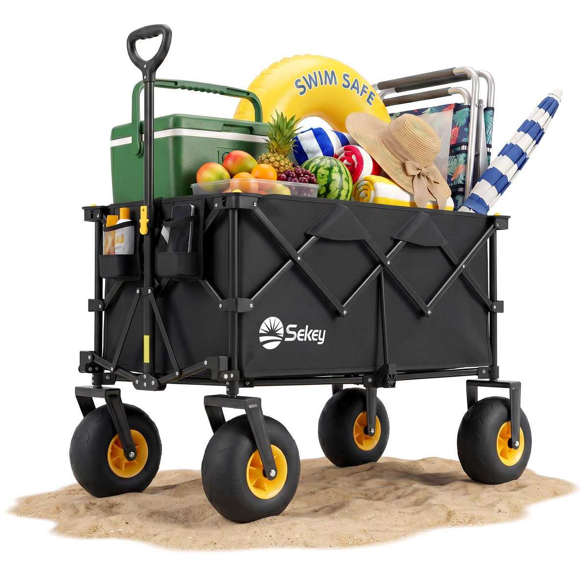 Sekey Bollerwagen faltbar mit Luftreifen 23×10 cm – Strand Bollerwagen klappbar bis 200 kg, 200L Transportwagen für Strand, Camping & Familie, 4032