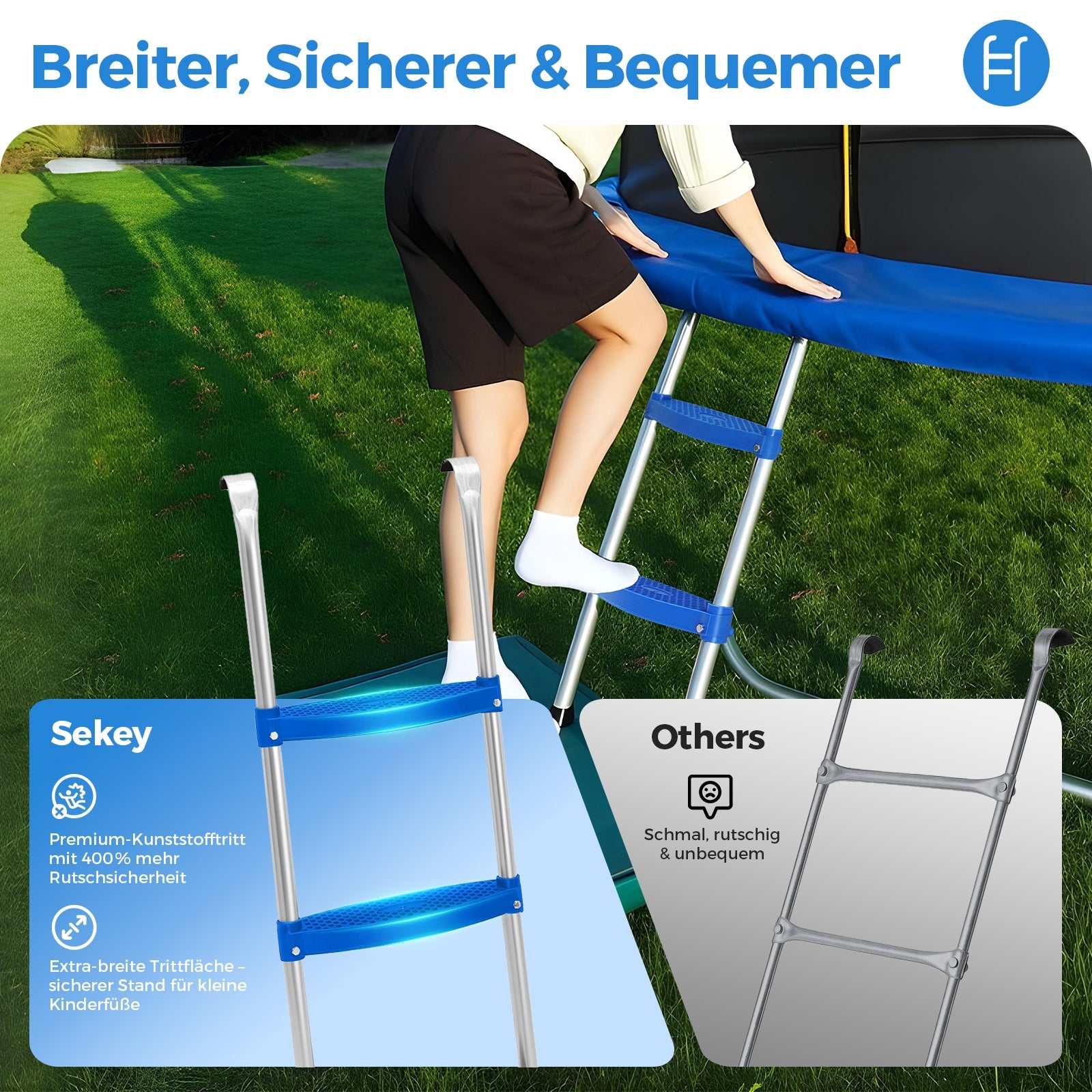Sekey Trampolin Ø 244 cm für Garten – TÜV/GS-zertifiziertes Outdoor Trampolin mit Sicherheitsnetz, W-Beinen & Leiter – Wetterfest & stabil für Kinder ab 3 Jahren Sekey