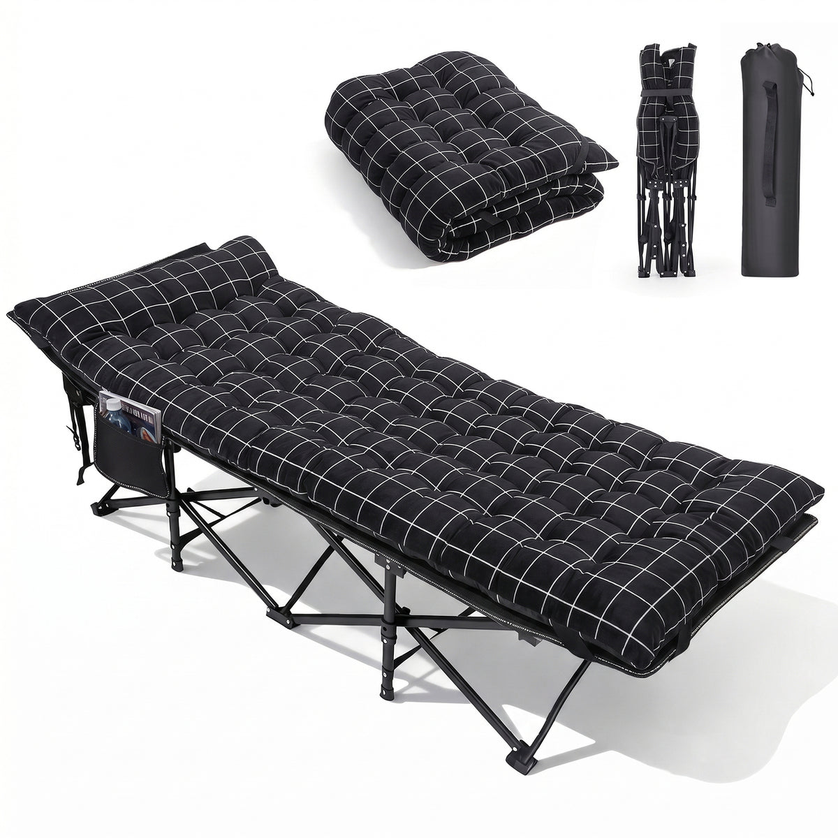 Sekey Feldbett Klappbar mit Matratze 190 × 71 cm – Campingbett bis 200 kg, Faltbett mit 7 cm Matratze, Tragbares Gästebett für Outdoor, Reisen & Zuhause