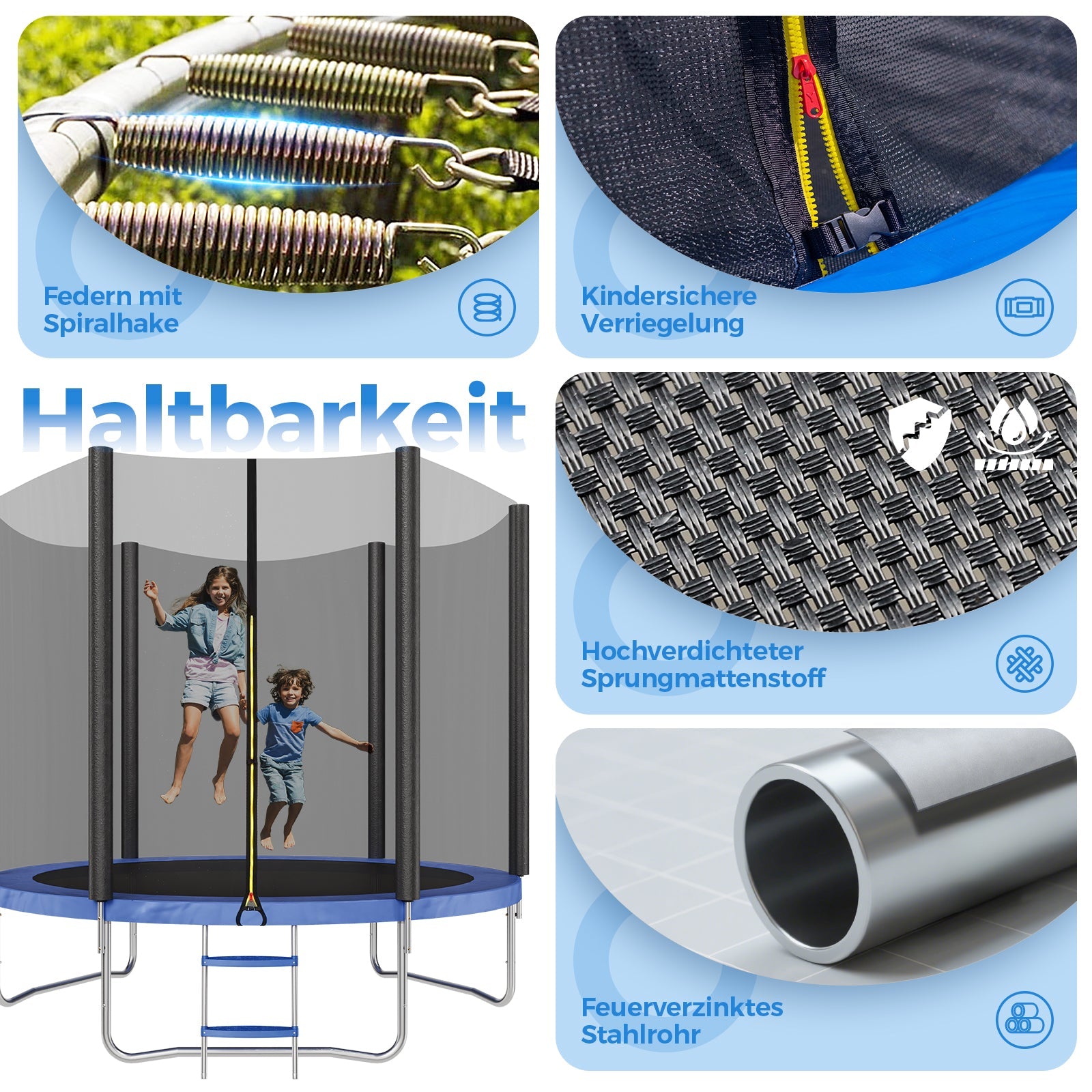 Sekey Trampolin Ø 305 cm für den Garten – TÜV/GS-zertifiziertes Outdoor Trampolin mit Sicherheitsnetz, W-Beinen & Leiter – bis 150 kg belastbar, wetterfest & kindersicher Sekey