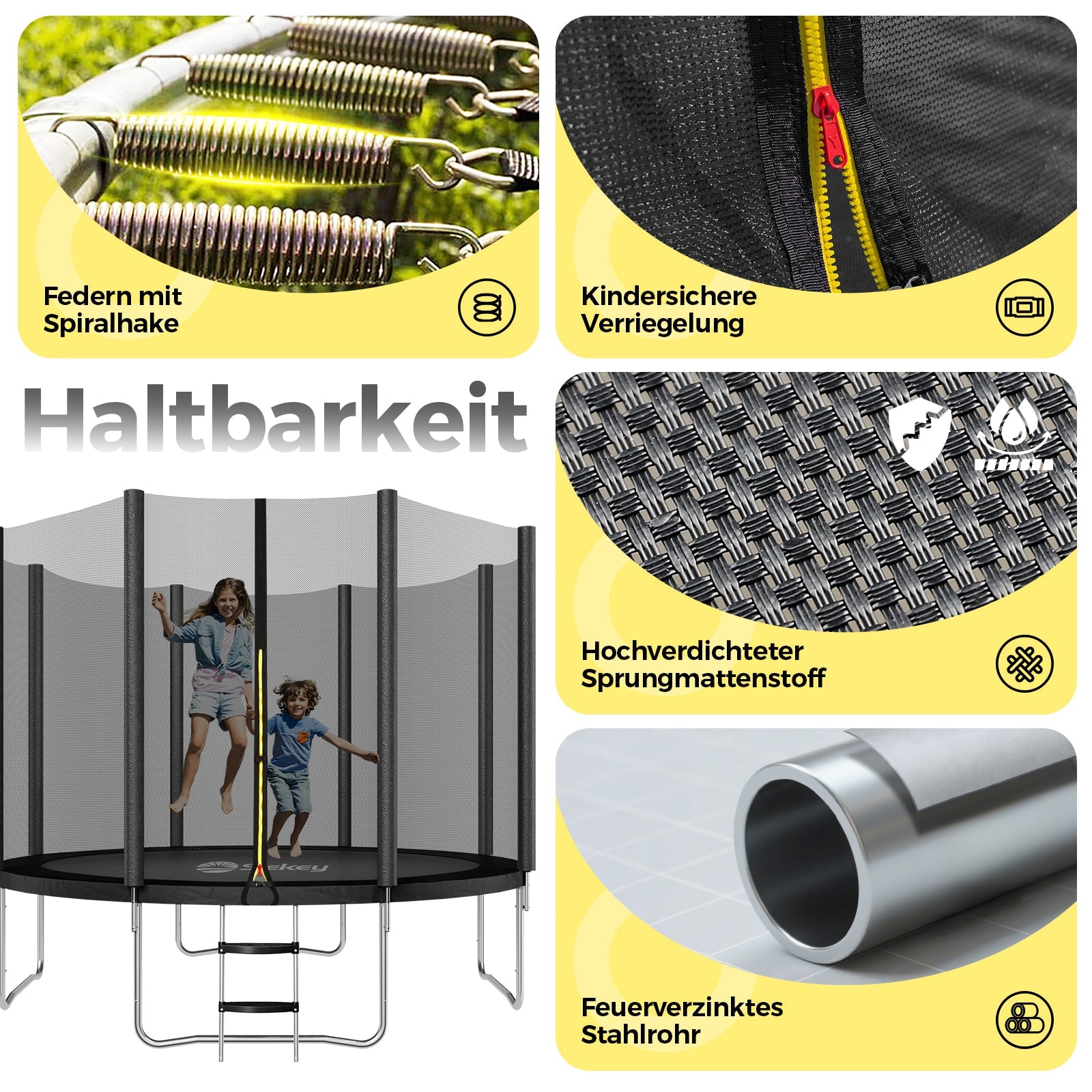 Sekey Trampolin Ø 305 cm für den Garten – TÜV/GS-zertifiziertes Outdoor Trampolin mit Sicherheitsnetz, W-Beinen & Leiter – bis 150 kg belastbar, wetterfest & kindersicher Sekey