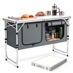 Sekey Campingtisch faltbar 120 cm, höhenverstellbarer Campingtisch mit 2 Staufächern, Outdoor Campingküche mit Aluminiumgestell, 54–70 cm, inkl. Tragetasche