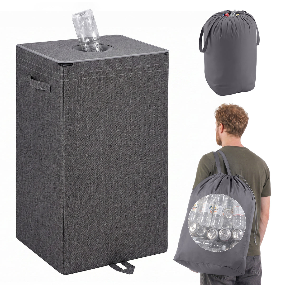 Sekey Pfandflaschen Sammelbehälter 100L mit Deckel, Flaschenkorb für Leergut & Dosen, Herausnehmbarer Innenbeutel mit Schultergurt, Flaschensammler für Küche, Keller & Recycling