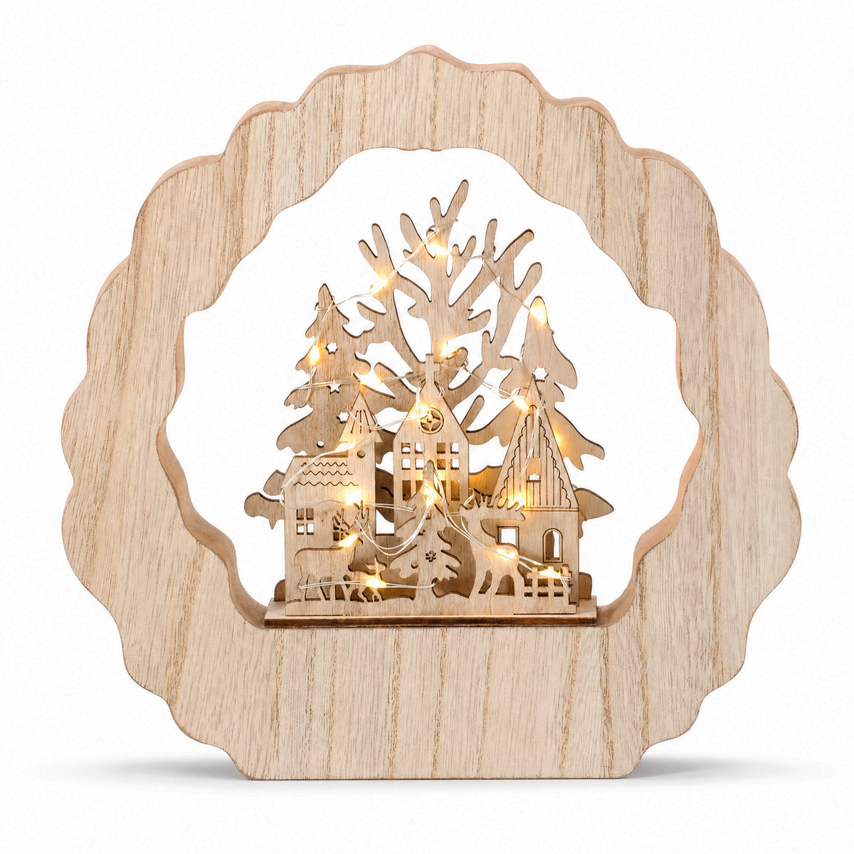 Salcar LED Schwibbogen aus Holz, 3D Weihnachtsdeko mit Weihnachtsdorf, 20 warmweiße LEDs, batteriebetriebener Lichterbogen für Fensterbank, Regal & Sideboard