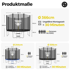Sekey Trampolin Ø 366 cm für Garten – TÜV/GS-zertifiziertes Outdoor Trampolin mit Sicherheitsnetz, W-Beinen & Leiter – wetterfest & kindersicher, bis 150 kg belastbar Sekey