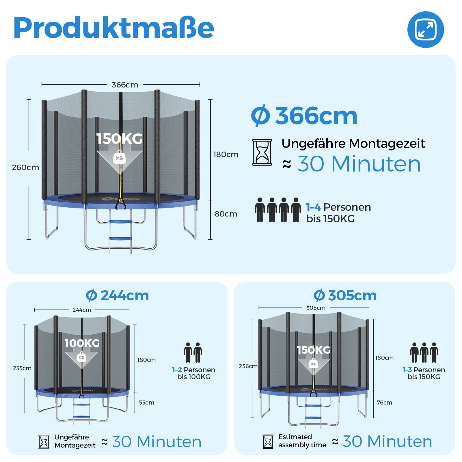 Sekey Trampolin Ø 366 cm für Garten – TÜV/GS-zertifiziertes Outdoor Trampolin mit Sicherheitsnetz, W-Beinen & Leiter – wetterfest & kindersicher, bis 150 kg belastbar Sekey