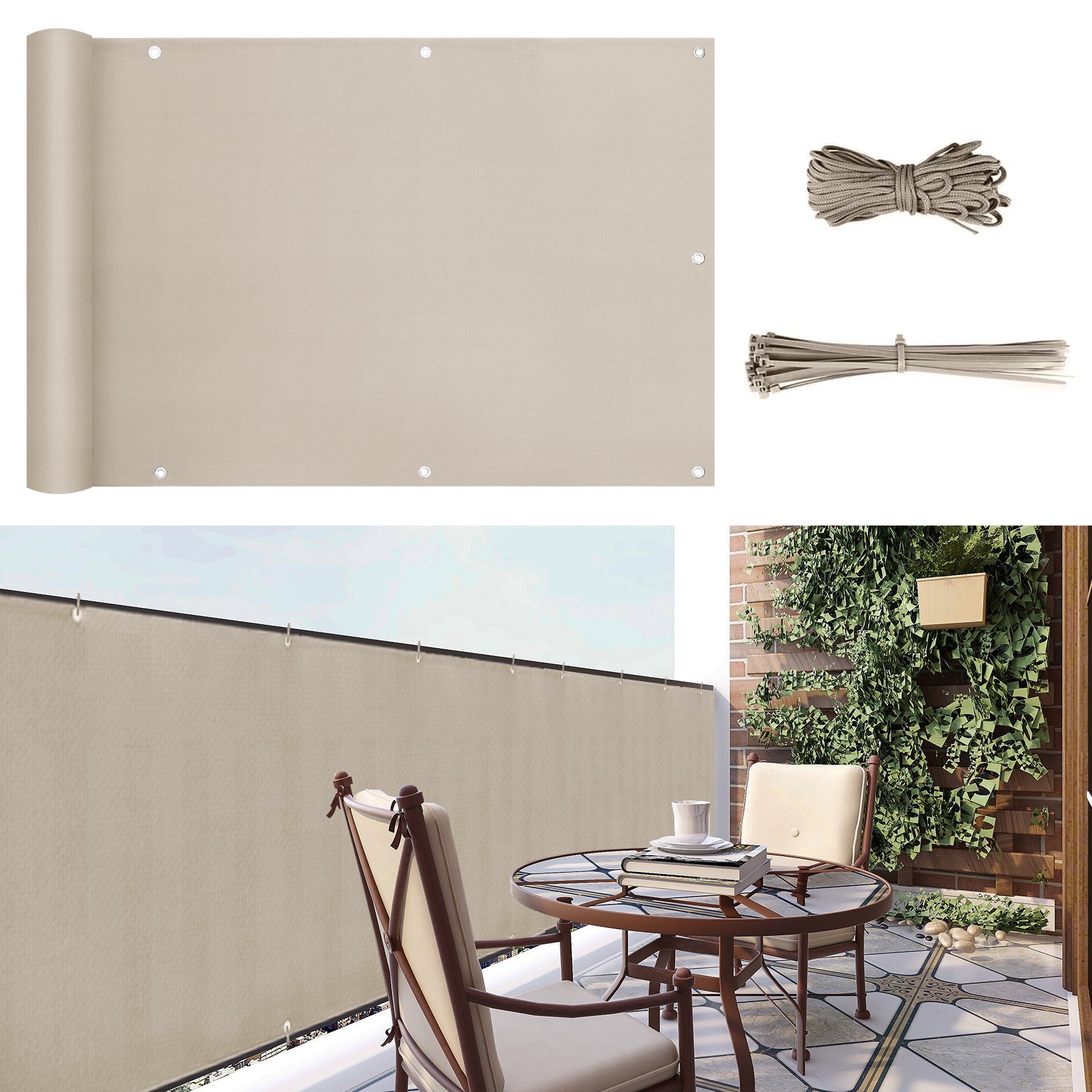 Sunula Balkon Sichtschutz, blickdicht, PES Balkonverkleidung, Windschutz, ohne Bohren, mit Nylon-Kabelbinder und Kordel, patentierte reißfeste Ösen, wetterfest, taupe SEKEYMALL