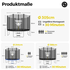 Sekey Trampolin Ø 305 cm für den Garten – TÜV/GS-zertifiziertes Outdoor Trampolin mit Sicherheitsnetz, W-Beinen & Leiter – bis 150 kg belastbar, wetterfest & kindersicher Sekey