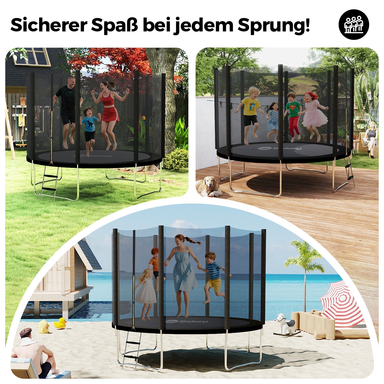 Sekey Trampolin Ø 366 cm für Garten – TÜV/GS-zertifiziertes Outdoor Trampolin mit Sicherheitsnetz, W-Beinen & Leiter – wetterfest & kindersicher, bis 150 kg belastbar Sekey